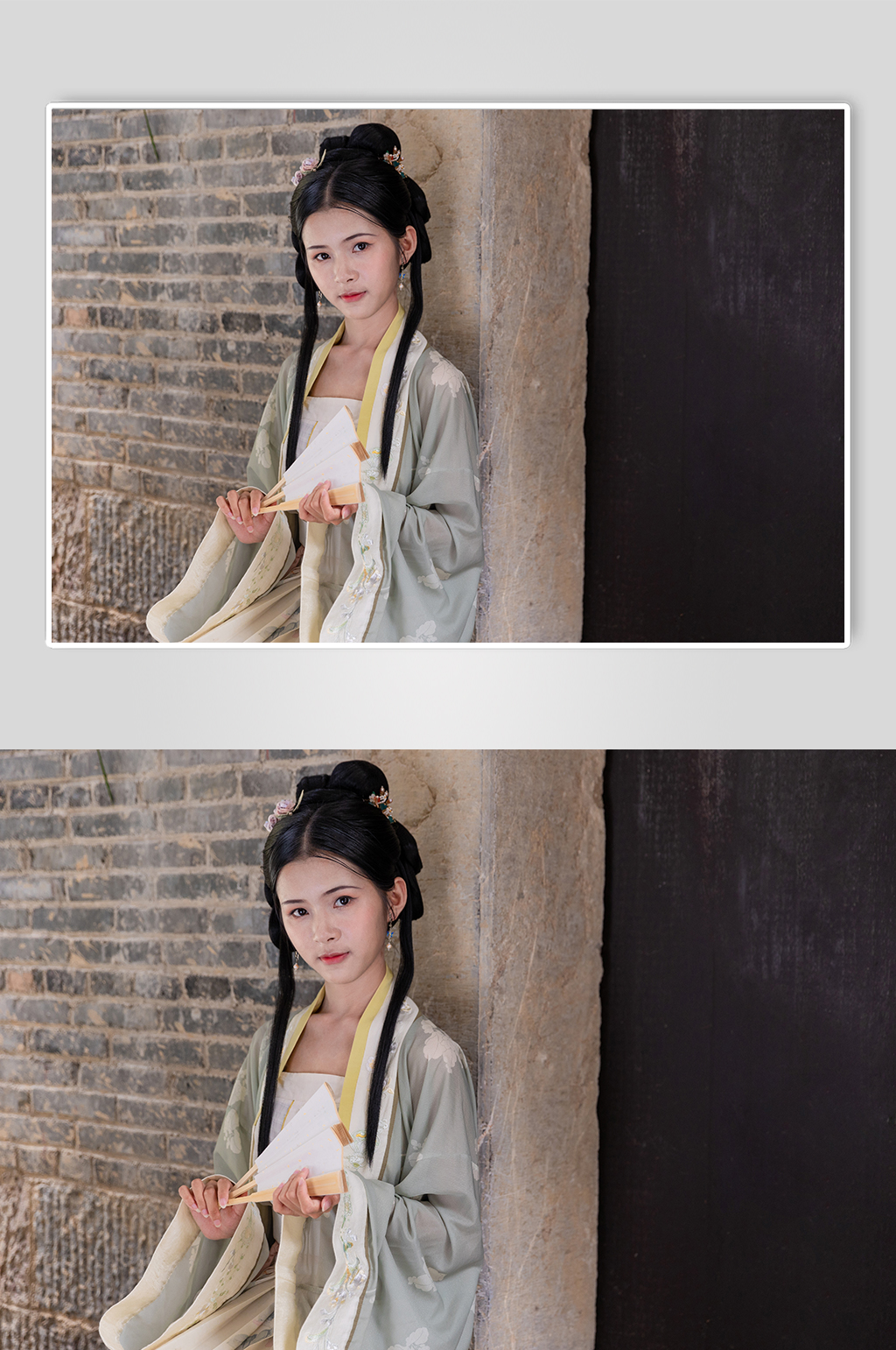 古建筑古装汉服女性人物折扇坐姿摄影图素材