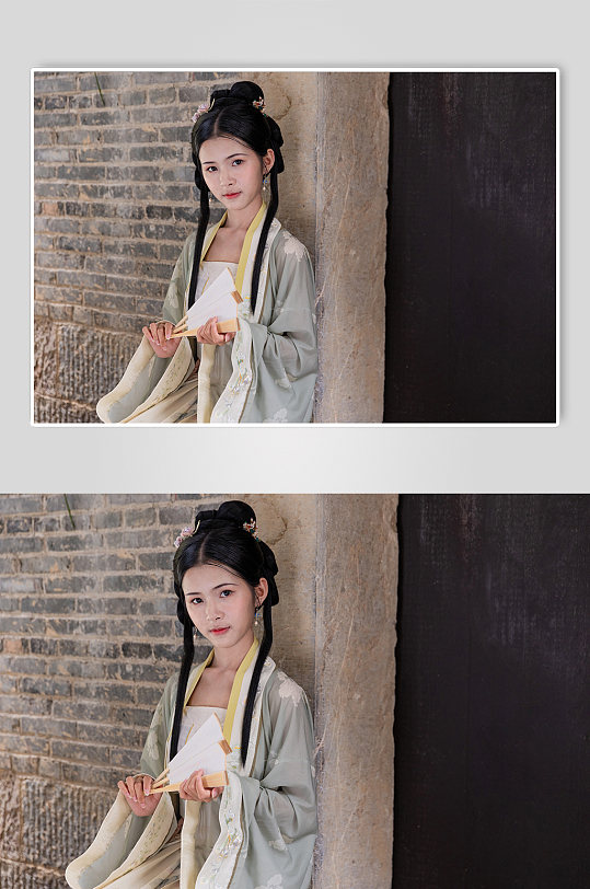 古建筑古装汉服女性人物折扇坐姿摄影图