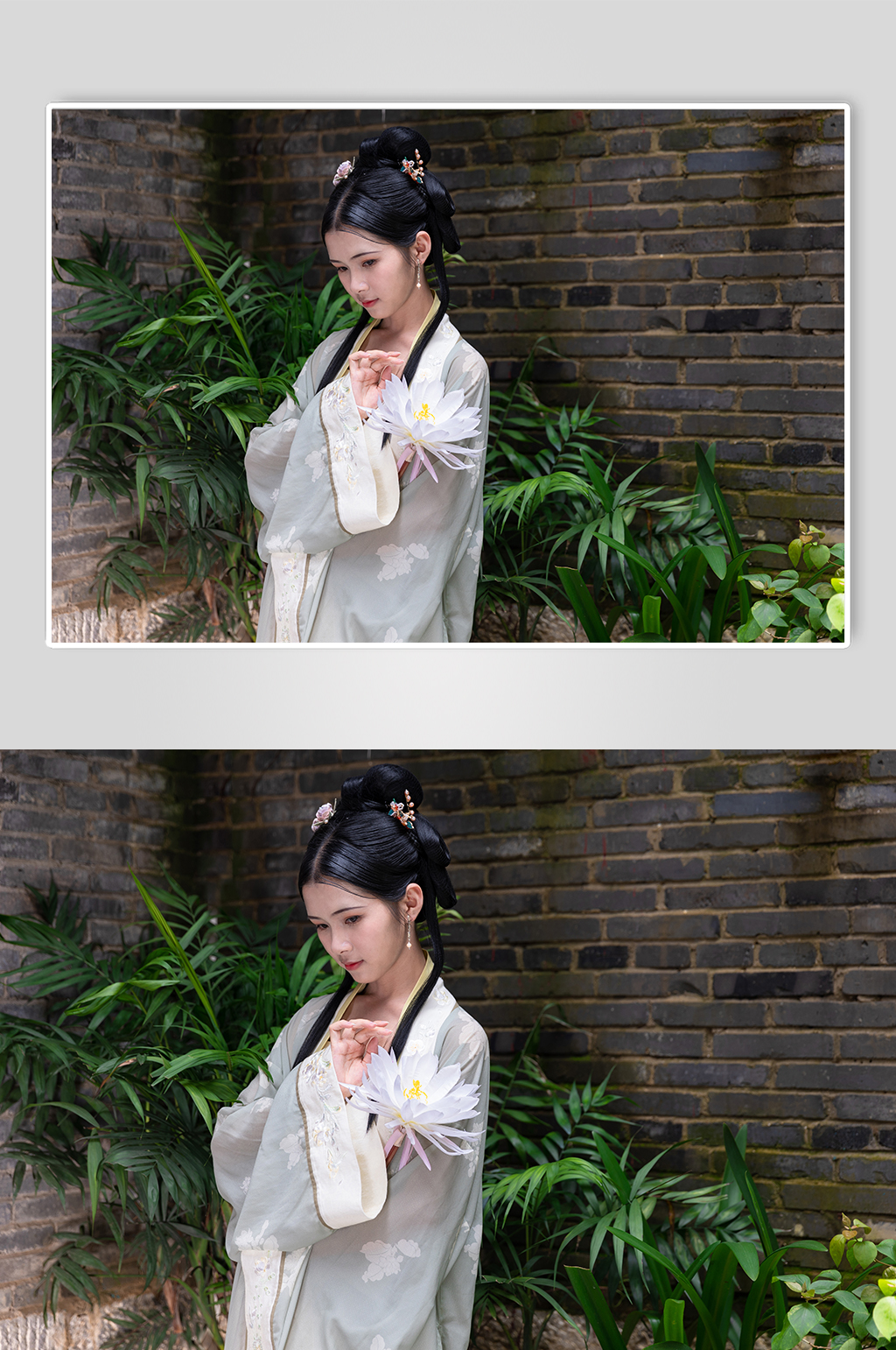 中式古装汉服女性人物手拿鲜花摄影图素材