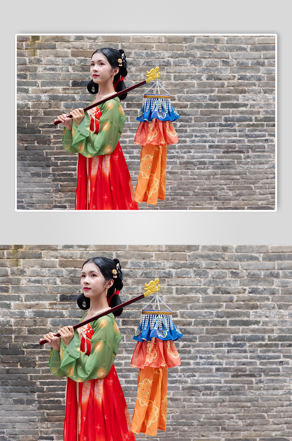 唐制汉服女性手抱绛纱灯站立人物摄影图素材