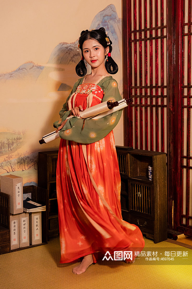 中式书香古装唐制汉服女性卷轴人物摄影图素材