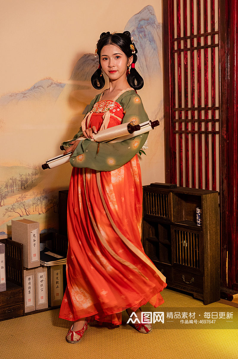 中式古装唐制汉服女性卷轴人物摄影图素材