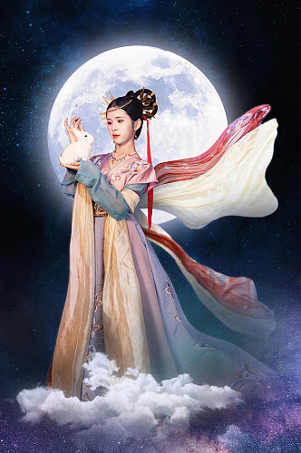 敦煌嫦娥玉兔月亮中秋节汉服人物摄影图片