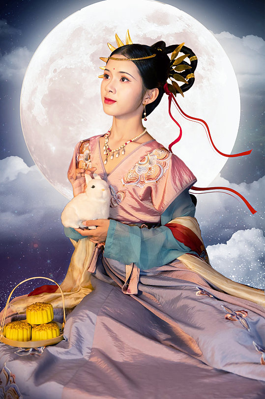 嫦娥月亮玉兔月饼中秋节汉服人物摄影图片