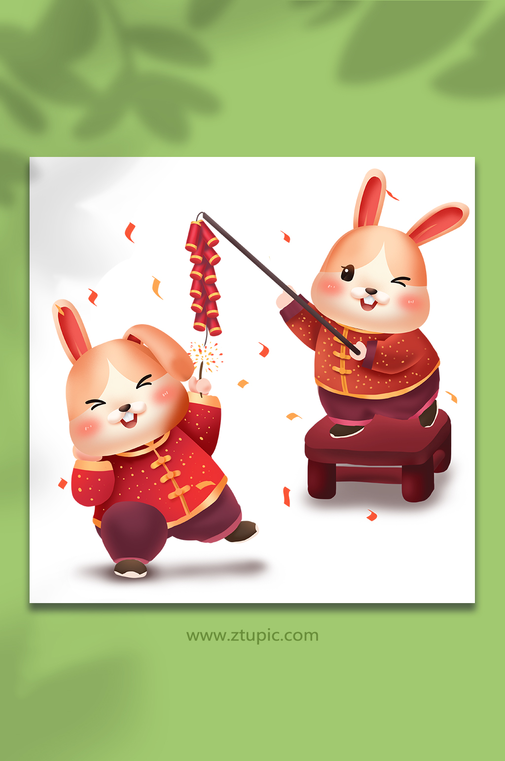 新年生肖放鞭炮国潮风兔年新年插画素材