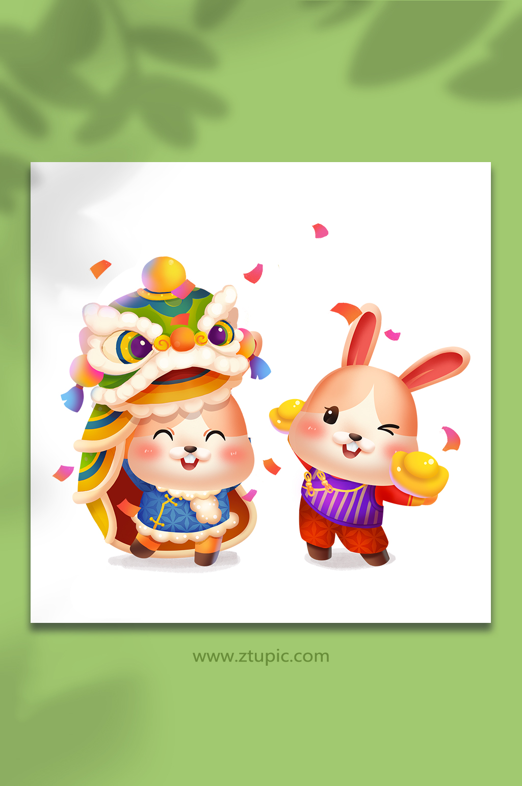 舞狮舞龙金元宝兔年新年插画素材