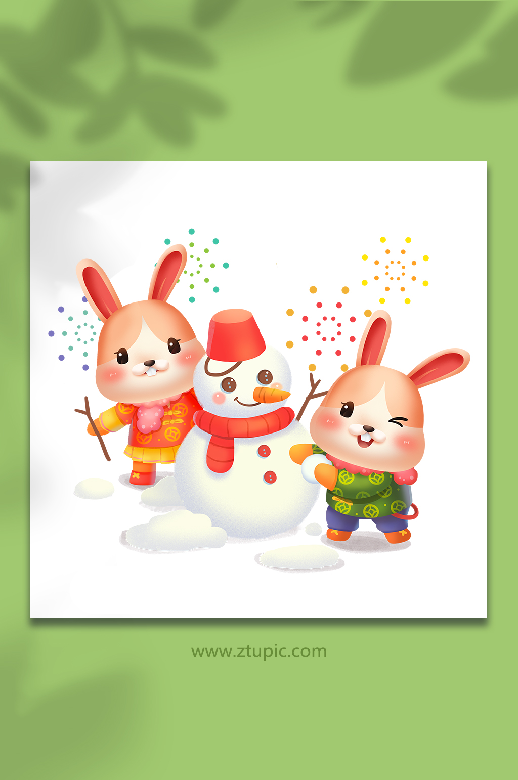 新年冬天堆雪人兔年新年插画素材