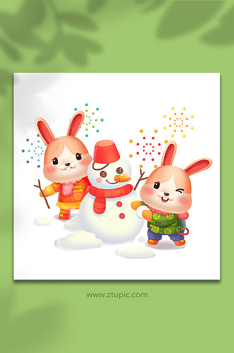 新年冬天堆雪人兔年新年插画