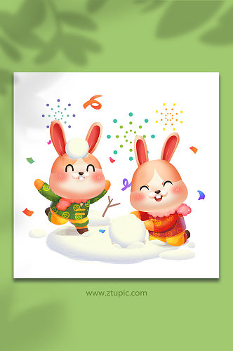 国潮春节堆雪人兔年新年插画