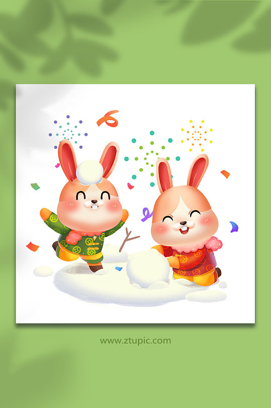 国潮春节堆雪人兔年新年插画
