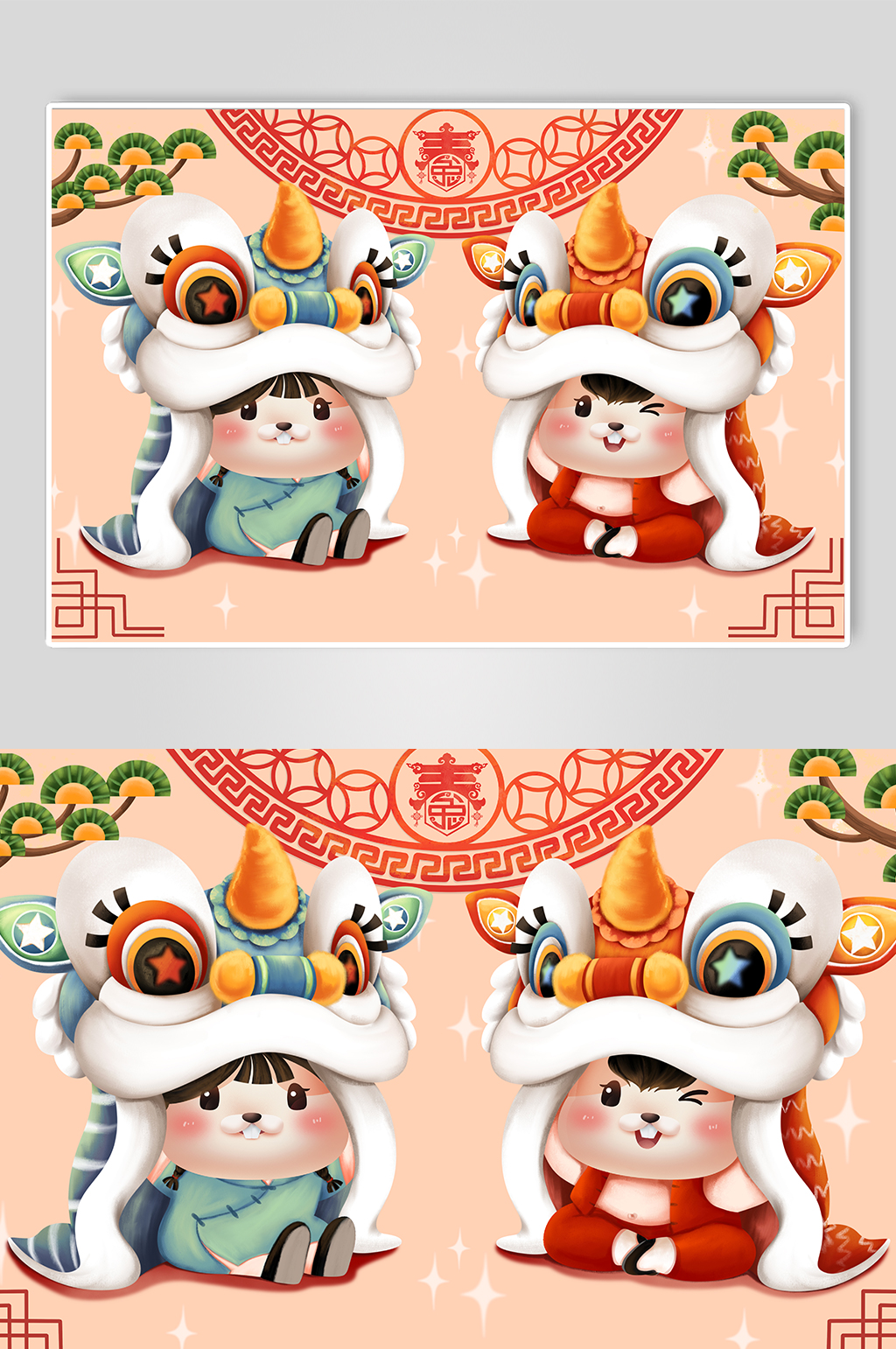舞狮舞龙福娃兔子生肖兔年新年插画素材