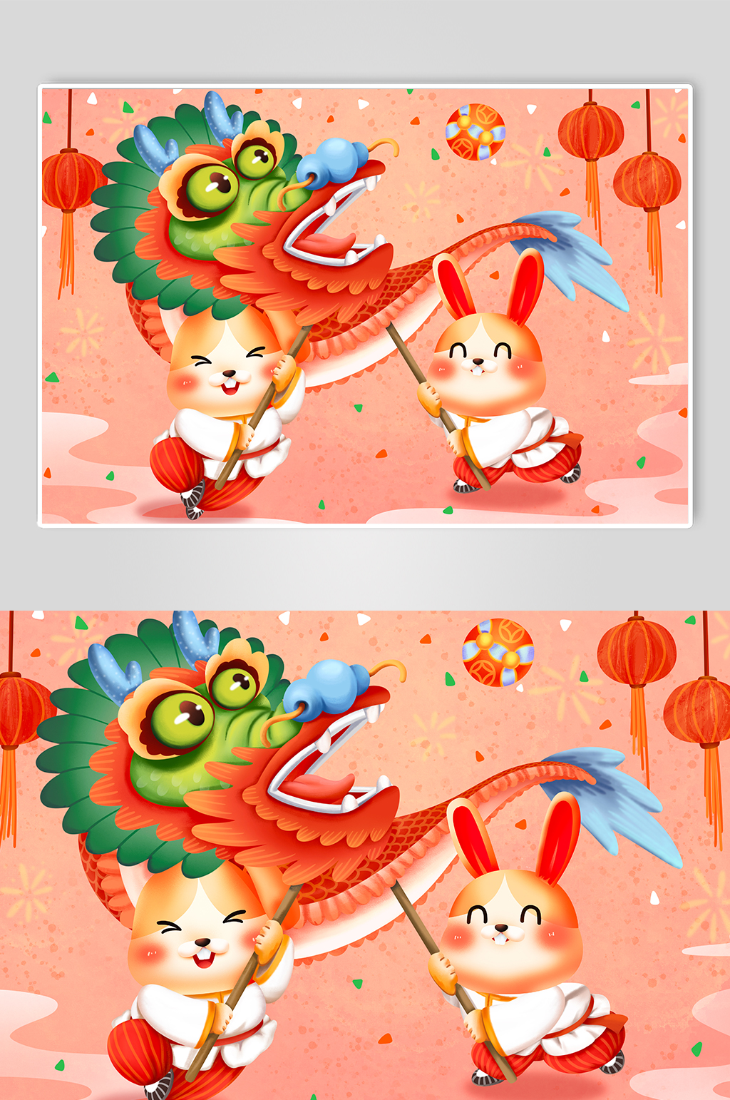 舞狮舞龙闹春节兔子兔年新年插画素材