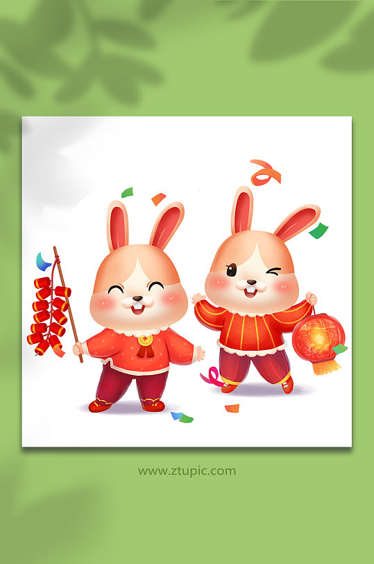 喜庆闹春节鞭炮灯笼兔年新年插画