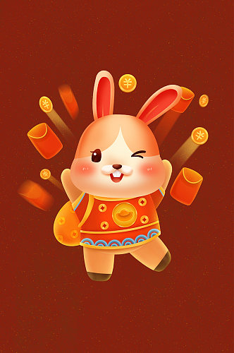 红包金币恭喜发财兔年新年插画