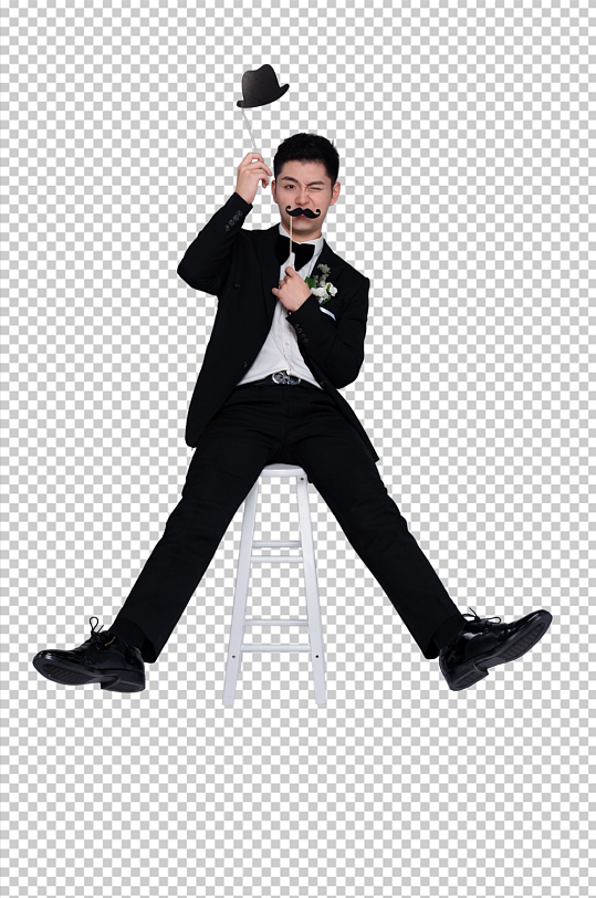 搞怪手举牌西服婚纱照男性人物png摄影图