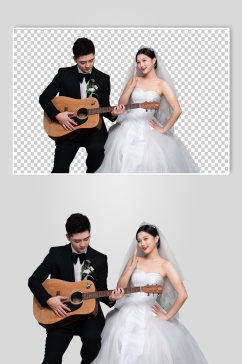浪漫吉他西服婚纱照男女人物PNG摄影图