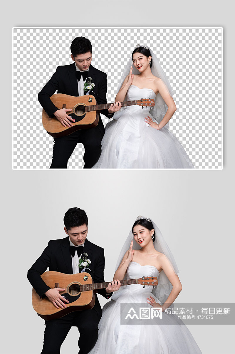 浪漫吉他西服婚纱照男女人物PNG摄影图素材