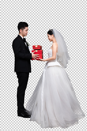 红色礼物盒西服婚纱照婚礼人物PNG摄影图