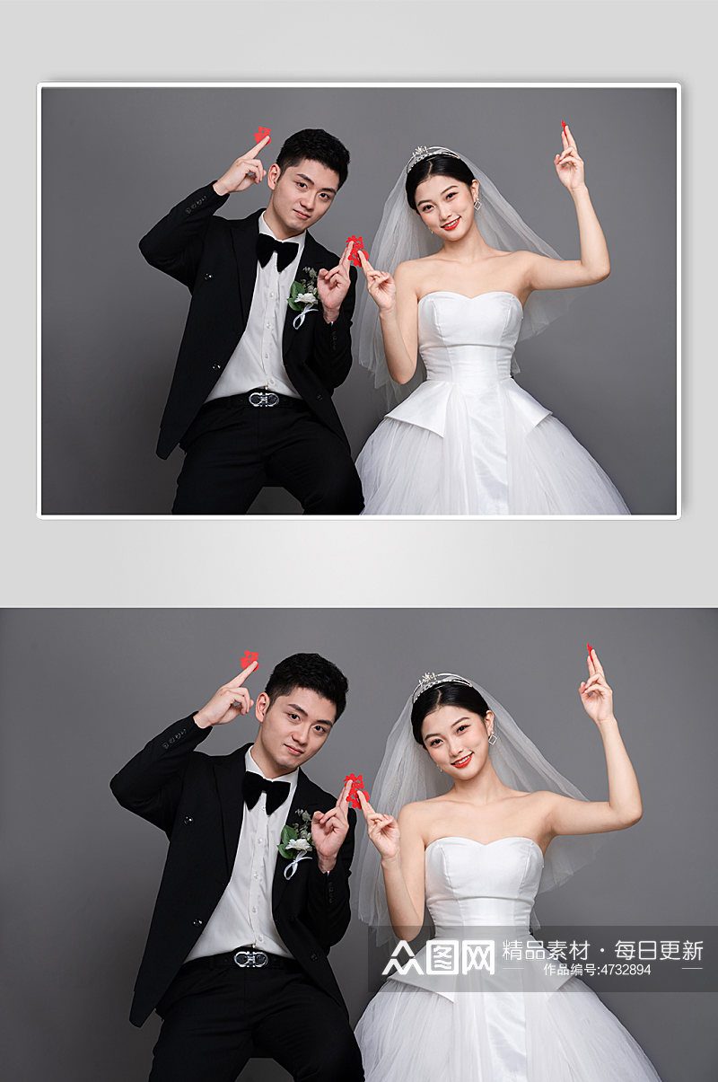 红色福字西服婚纱照婚礼男女人物精修摄影图素材