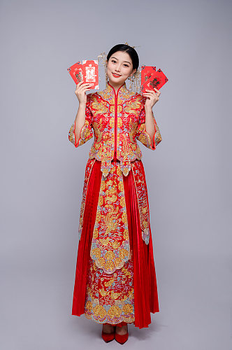 双喜红包中式婚纱照人物精修摄影图