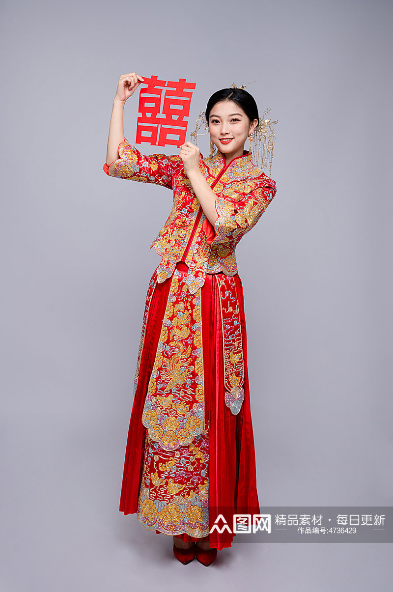 红色双喜凤冠中式婚纱照人物精修摄影图素材
