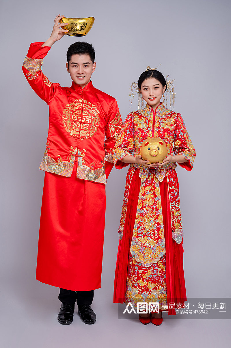 金元宝红色中式婚纱照男女人物精修摄影图素材