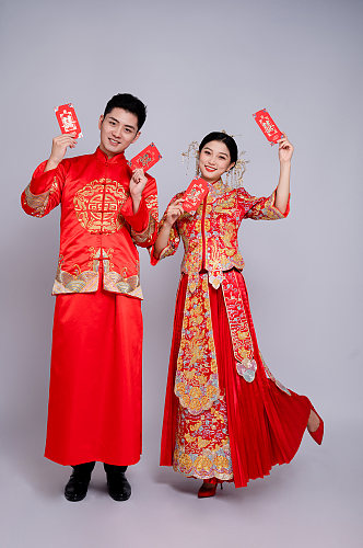 双喜红包中式婚纱照男女人物精修摄影图