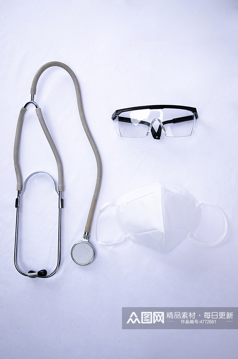 护目镜听诊器N95口罩西医物品摄影图片素材