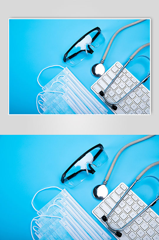 护目镜口罩听诊器键盘西医防护物品摄影图片