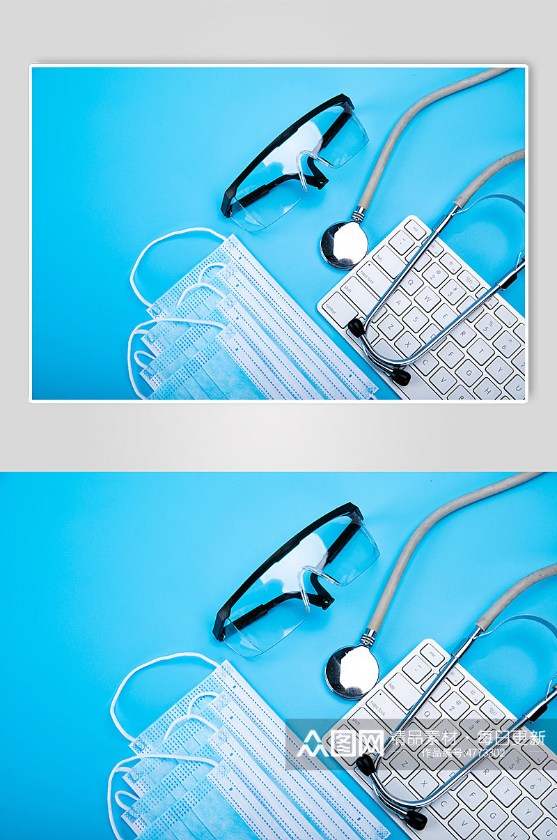 护目镜口罩听诊器键盘西医防护物品摄影图片素材
