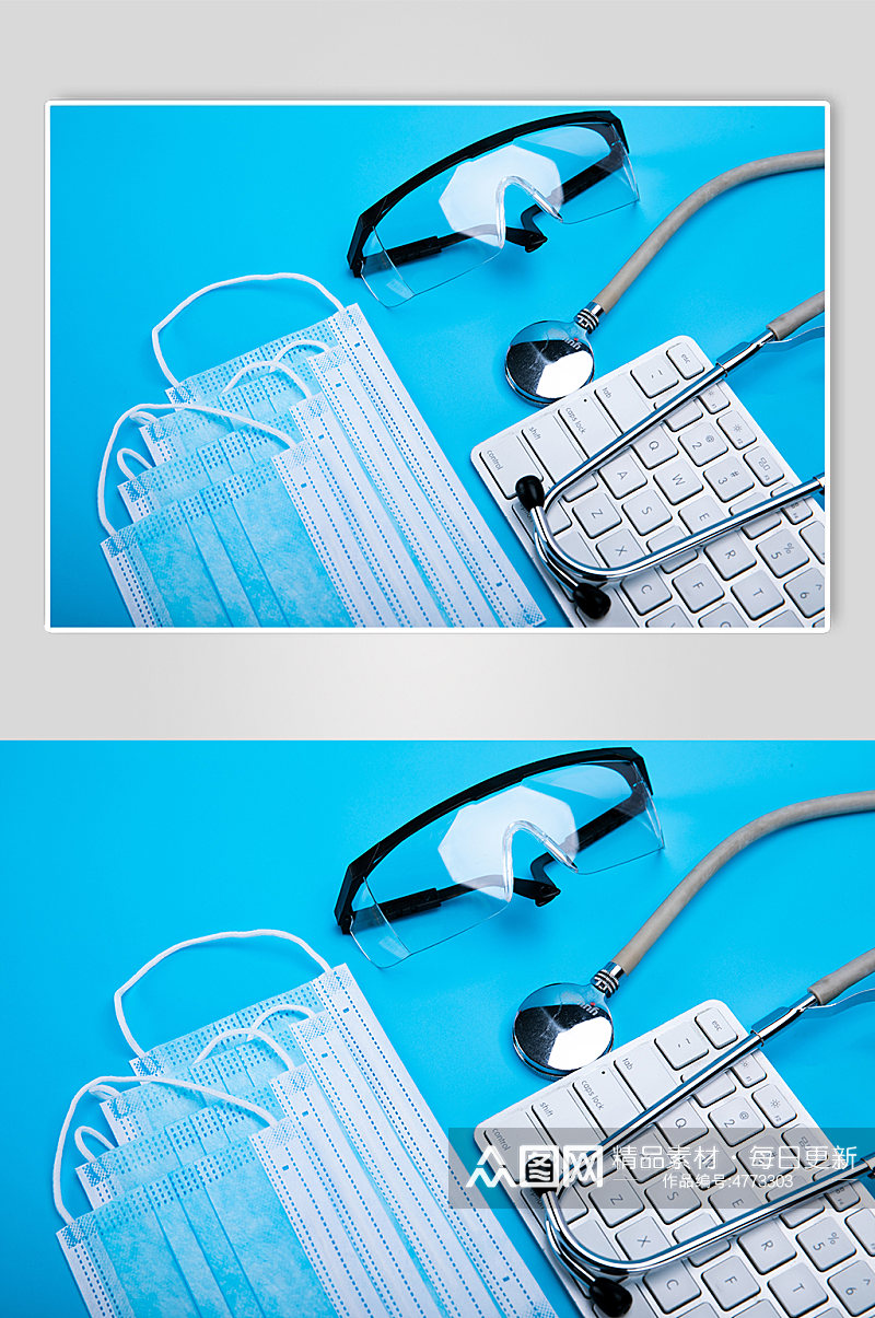 听诊器护目镜口罩键盘西医防护物品摄影图片素材