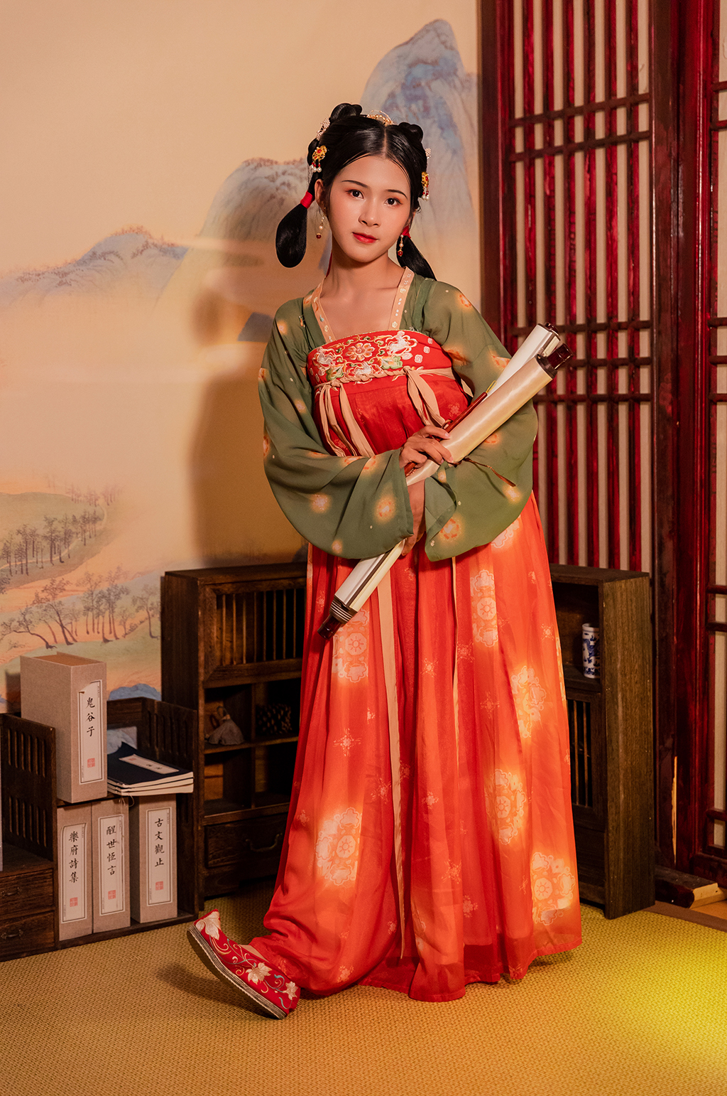 中式画卷书房唐制汉服人物摄影精修图片素材