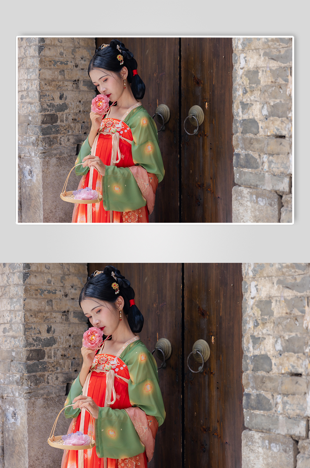 唐制手拿花篮美女汉服人物摄影精修图片素材