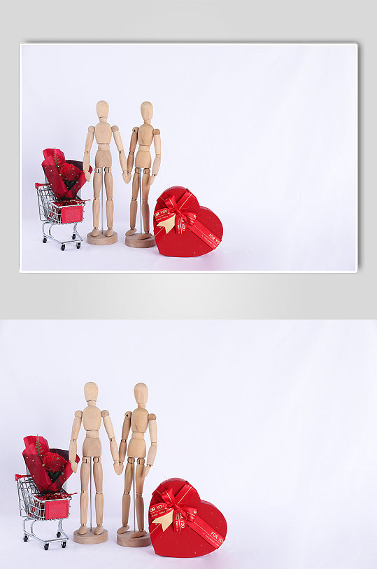 红色花束购物车木偶促销活动情人节摄影图片