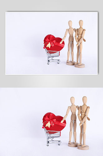 红色购物车木偶礼盒怀表情人节摄影图片