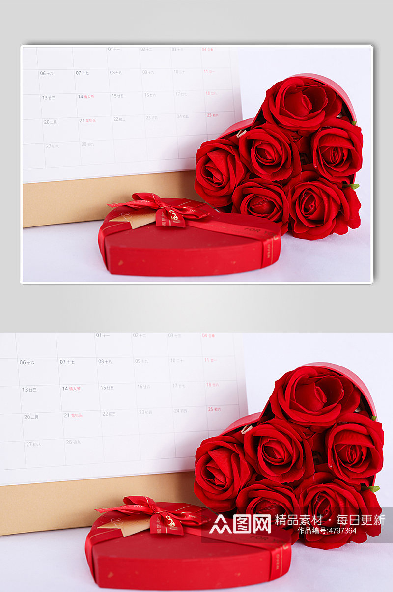 浪漫红色礼物玫瑰日历情人节摄影图片素材
