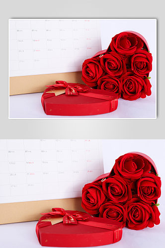 浪漫红色礼物玫瑰日历情人节摄影图片