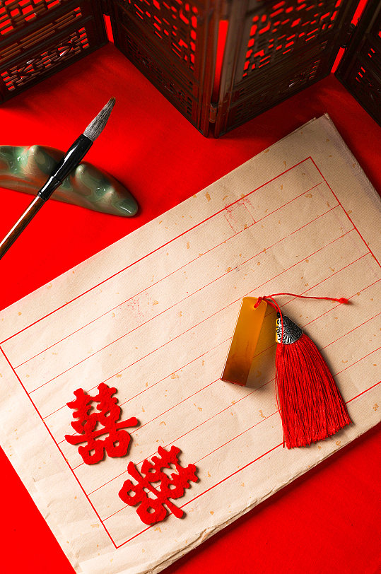红色双喜印章中式七夕情人节摄影图片