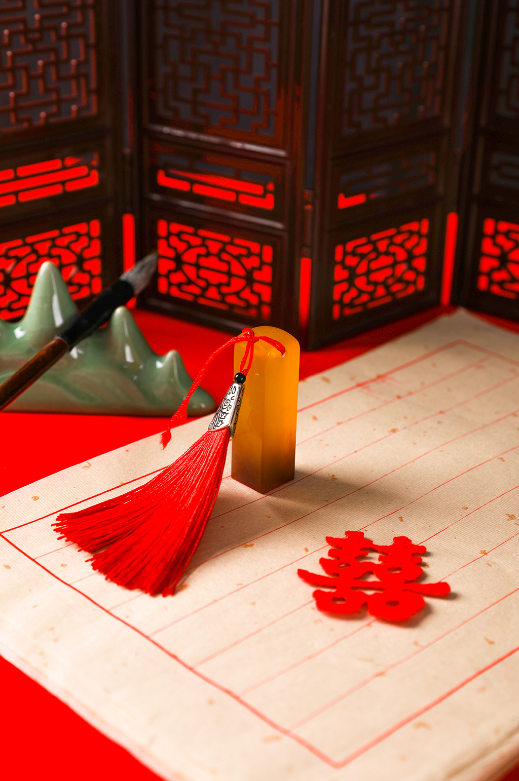 浪漫中式印章双喜毛笔七夕情人节摄影图片素材