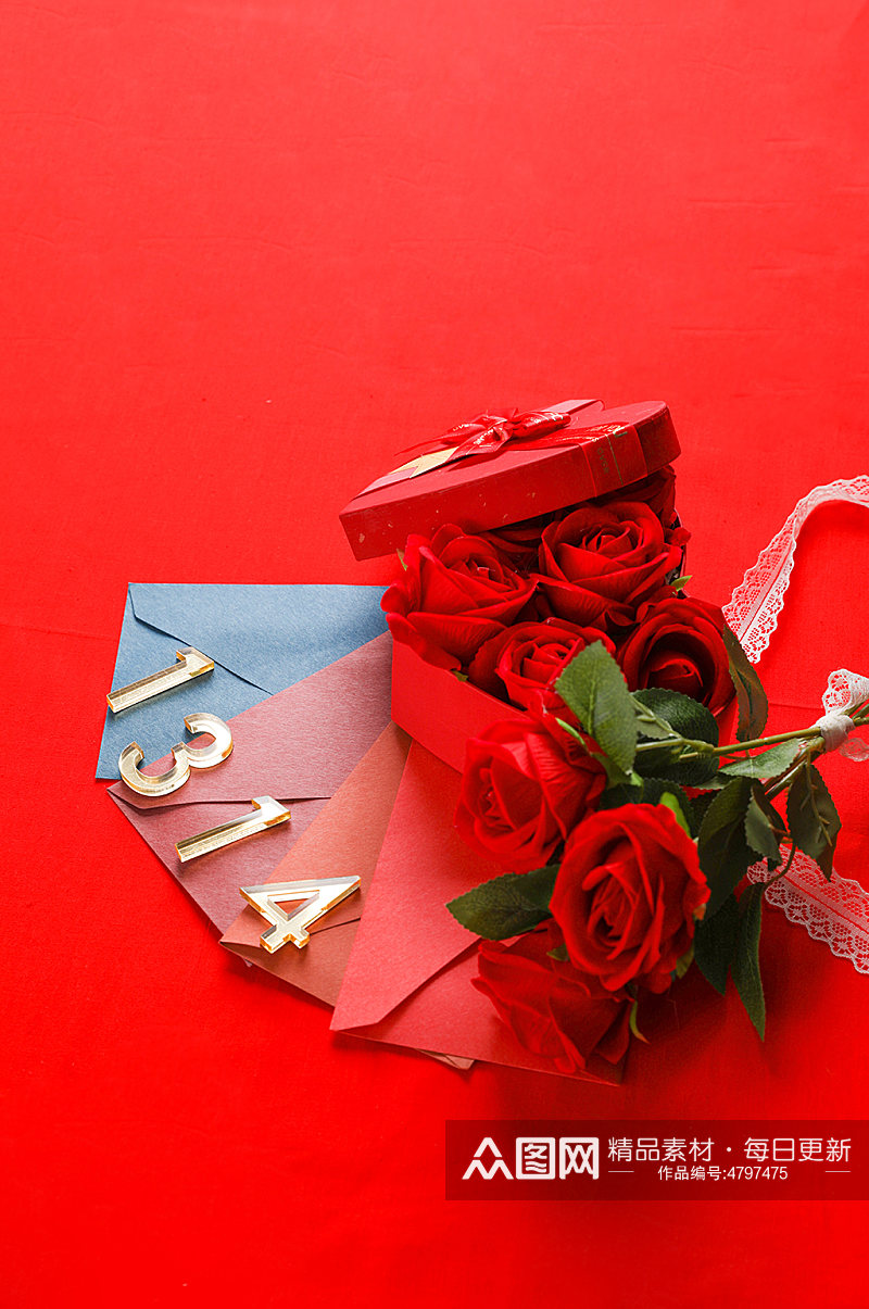 红色玫瑰花1314信封情人节摄影图片素材