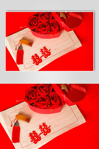 红双喜玫瑰花礼盒印章七夕情人节摄影图片