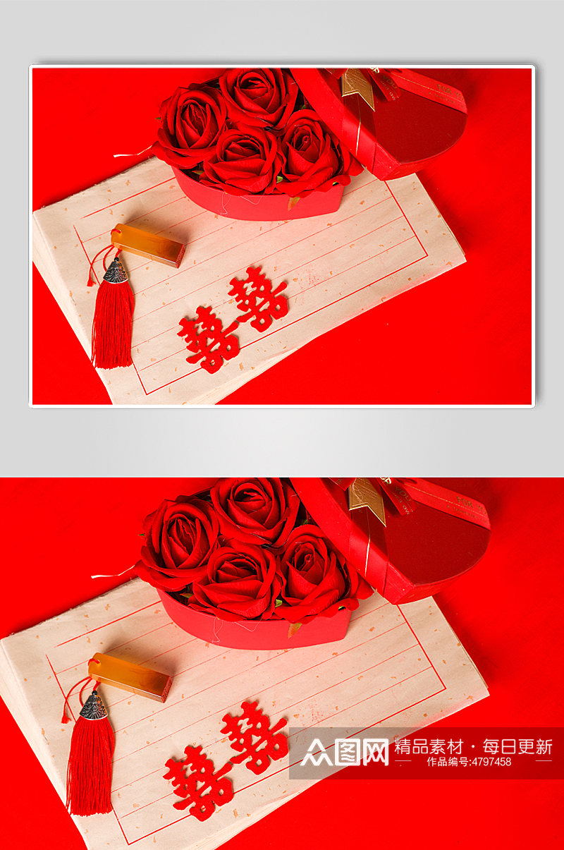 红双喜玫瑰花礼盒印章七夕情人节摄影图片素材