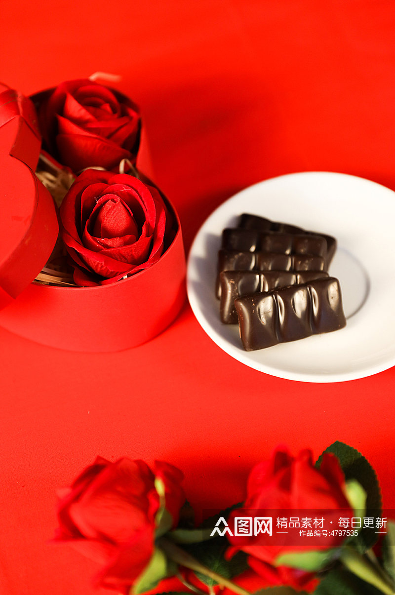 浪漫玫瑰花鲜花礼物盒巧克力情人节摄影图片素材