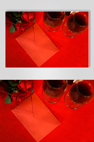 红酒杯玫瑰花信封情人节摄影图片