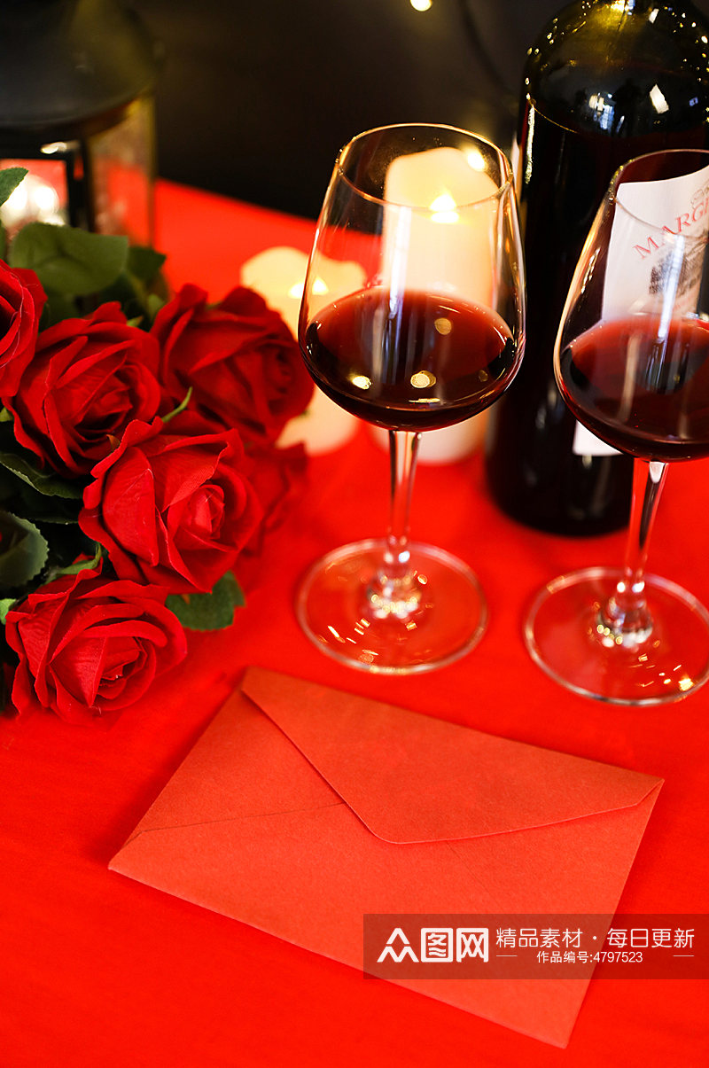 红酒玫瑰花烛光晚餐信封情人节摄影图片素材