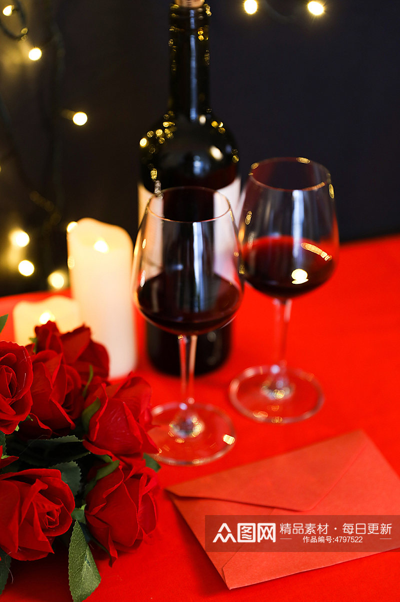 玫瑰花烛光晚餐蜡烛红酒信封情人节摄影图片素材