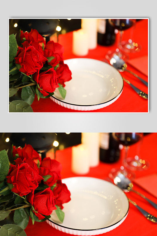 玫瑰花花束西餐烛光晚餐情人节摄影图片