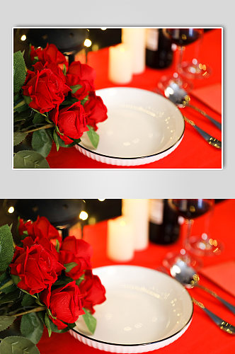 玫瑰花花束西餐烛光晚餐情人节摄影图片
