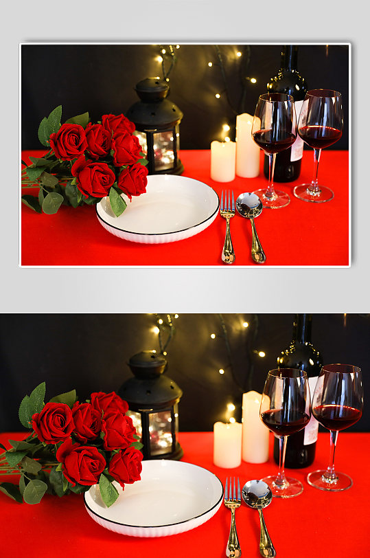 玫瑰花花束西餐红酒情人节摄影图片