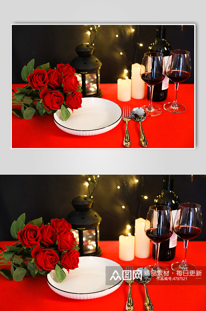 玫瑰花花束西餐红酒情人节摄影图片素材